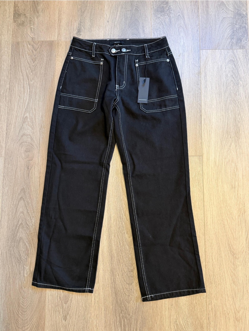 Forever 21 Black Slim-Straight Jeans with White Contrast Stitching